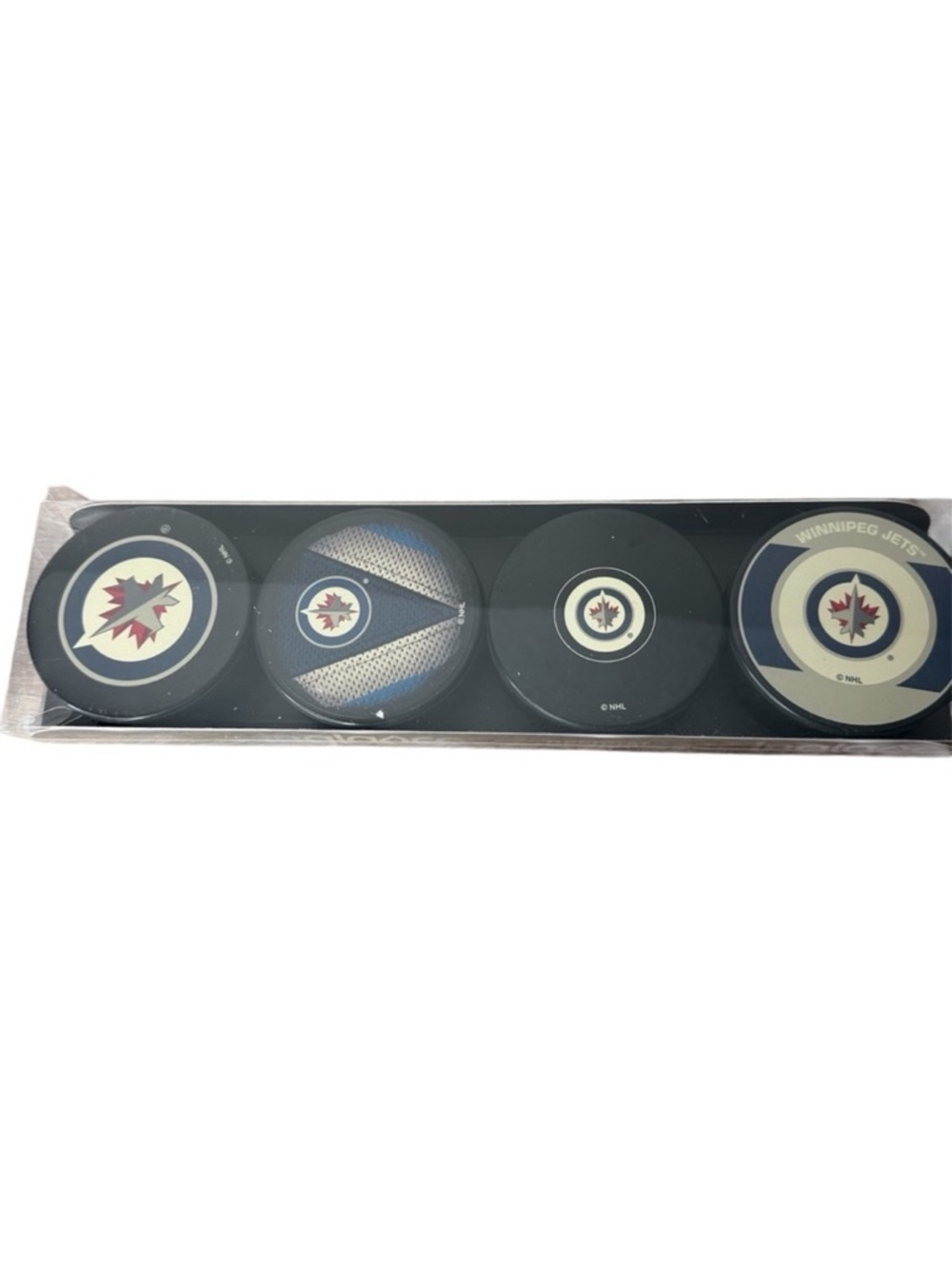 INGLASCO New NHL Official Winnipeg Jets Hockey Pucks 4 Pack Box Set Collectible